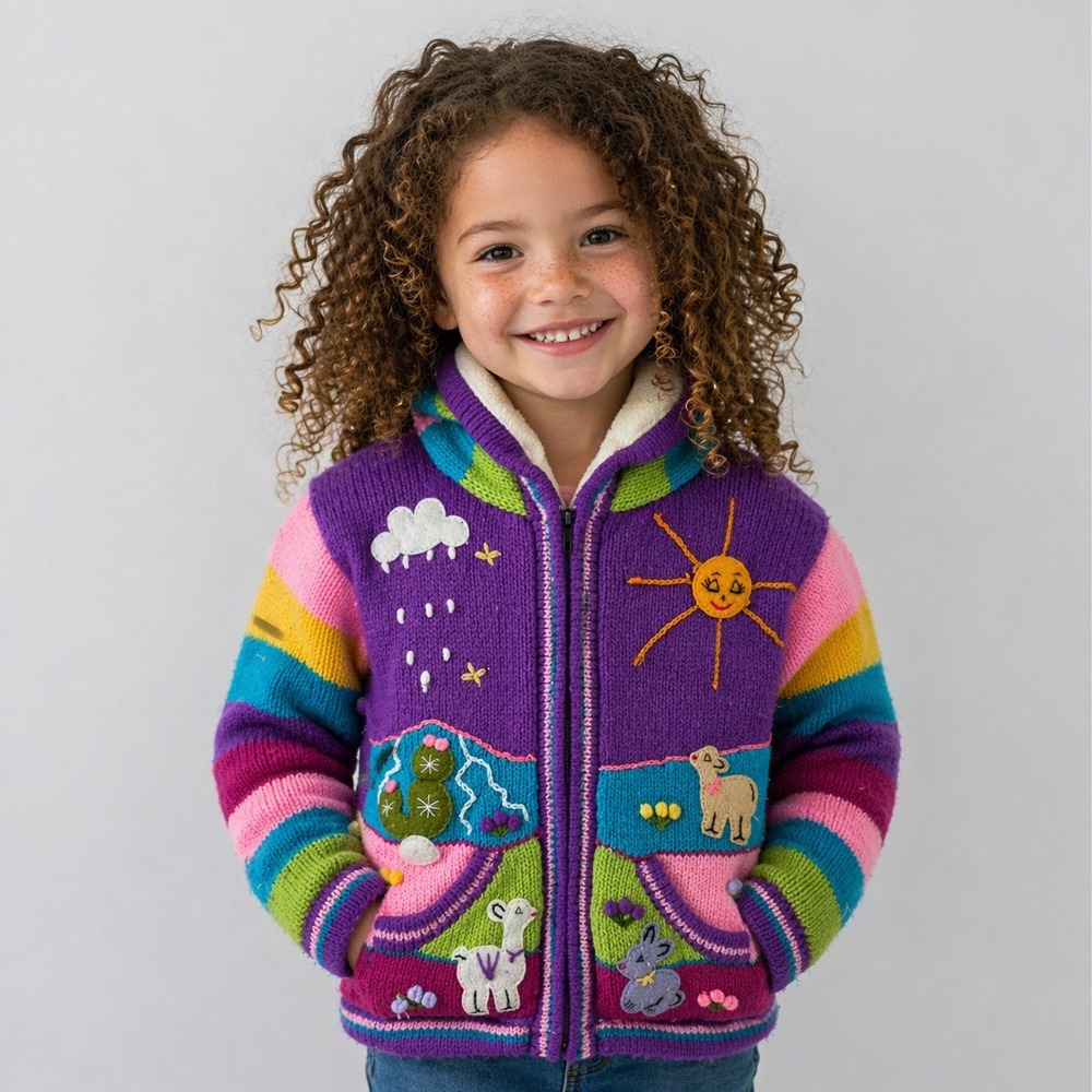 Handmade Peruvian Arpillera‎ Kids Knit Hoodie Jacket Purple Multi Size 8 Cotton